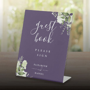 Purple Elegant Floral Greenery Guest Book Pedestal Sign