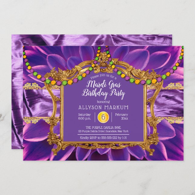 Purple Elegant Floral Mardi Gras Birthday Party Invitation (Front/Back)