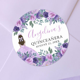 Purple Elegant Floral Quinceanera Classic Round Sticker
