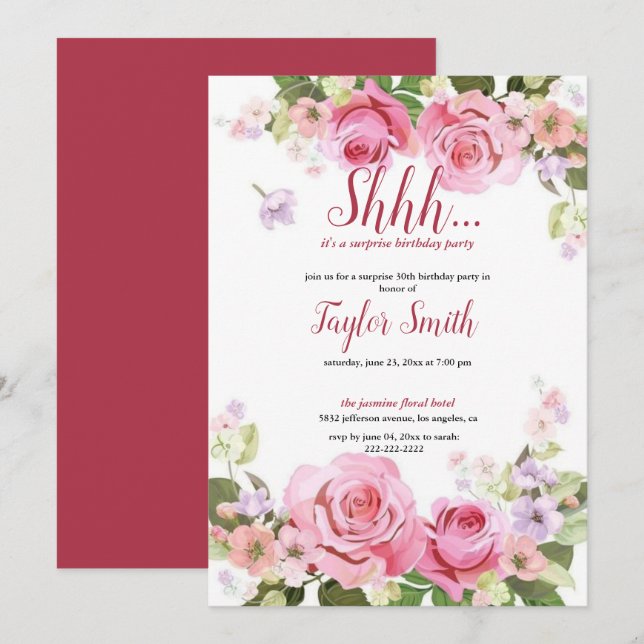 Purple elegant Floral Surprise Party Invite (Front/Back)
