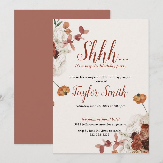 Purple elegant Floral Surprise Party Invite (Front/Back)