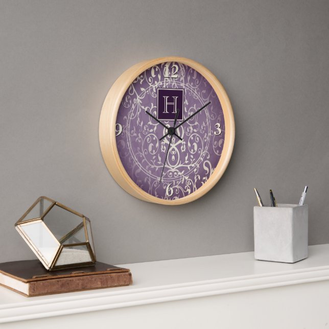 Purple Elegant Flourish Monogram Clock (Office)