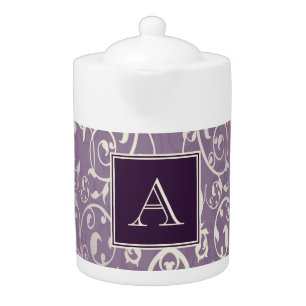 Purple Elegant Flourish Monogram Teapot
