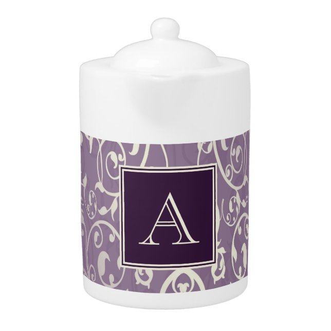 Purple Elegant Flourish Monogram Teapot (Front)