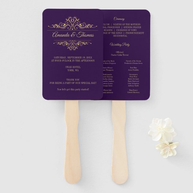 Purple Elegant Frame Stylish Wedding Program Hand Fan (Front and Back)