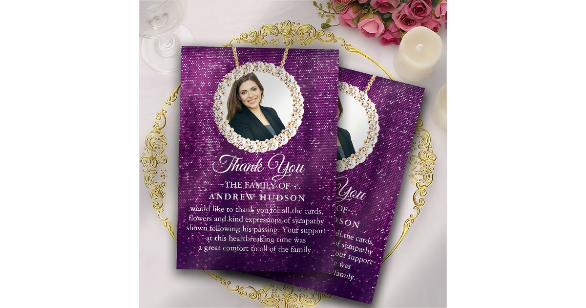 Purple Elegant Funeral Photo Thank You Card | Zazzle