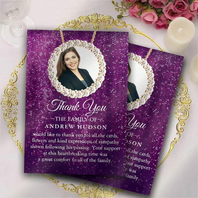 Purple Elegant Funeral Photo Thank You Card | Zazzle