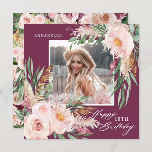 Purple elegant girly modern floral photo birthday invitation