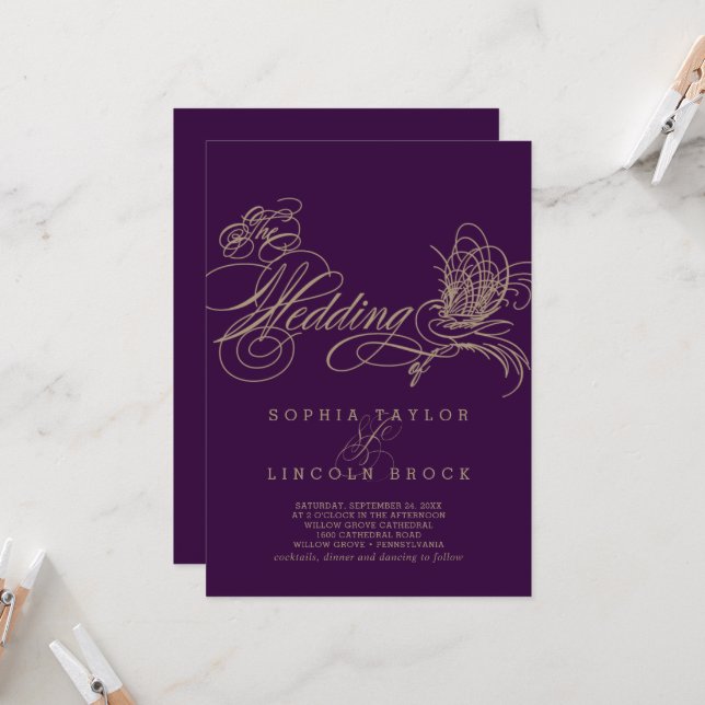 Purple Elegant Gold Calligraphy Wedding Invitation (Front/Back In Situ)