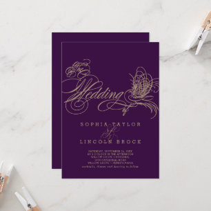 Purple Elegant Gold Calligraphy Wedding Invitation