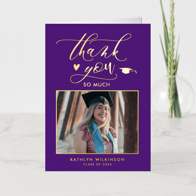 Purple Elegant Gold Script Graduation Thank You Foil Greeting Card (Front)