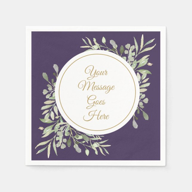 Purple Elegant Gold Script Greenery Napkins (Front)