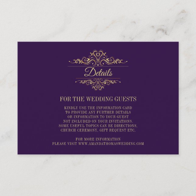 Purple Elegant Golden Frame Wedding Enclosure Card (Front)