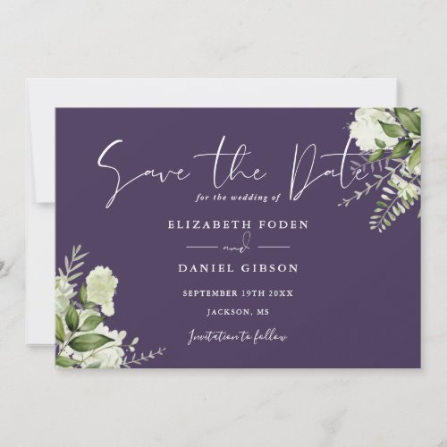 Purple Elegant Greenery Floral Photo Wedding Save The Date
