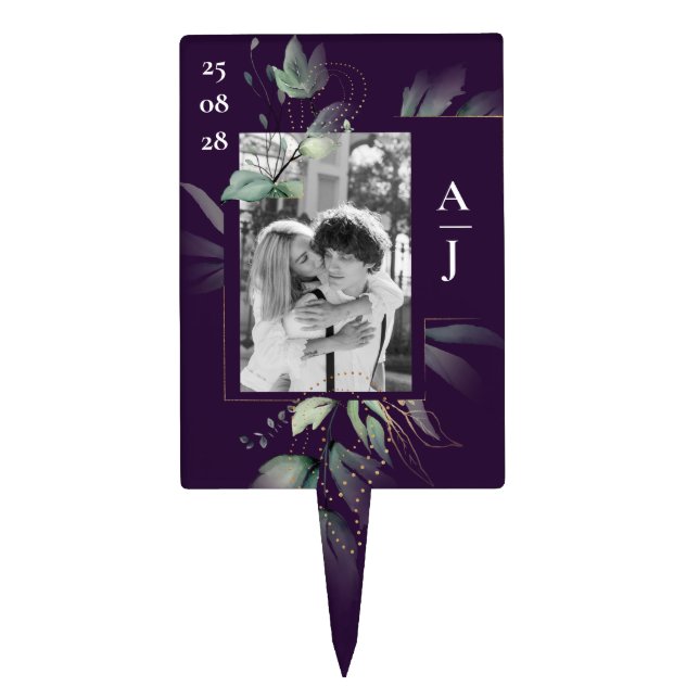 Purple Elegant Greenery Wedding Photo Cake Topper (Front)