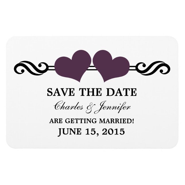 Purple Elegant Hearts Save the Date Magnet (Horizontal)