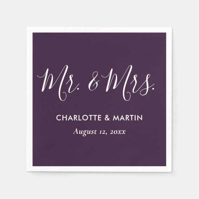 Purple Elegant Modern Script Mr. and Mrs. Wedding Napkins (Front)