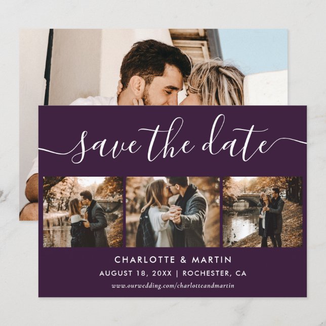 Purple Elegant Modern Script Photo Collage Wedding Save The Date (Front/Back)