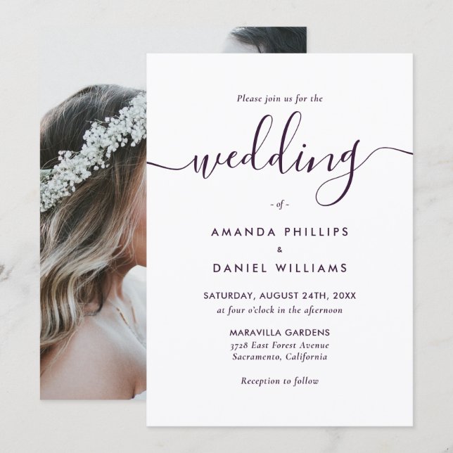 Purple Elegant Modern Script Photo Wedding Invitation (Front/Back)
