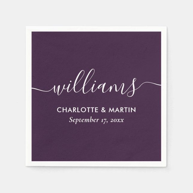 Purple Elegant Modern Script Wedding Napkins (Front)