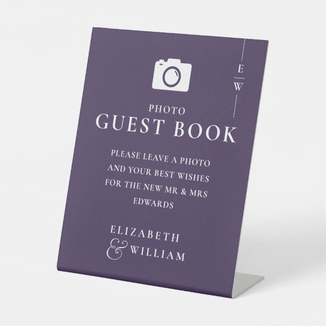 Purple Elegant Monogram Photo Guest Book Wedding Pedestal Sign (Front)