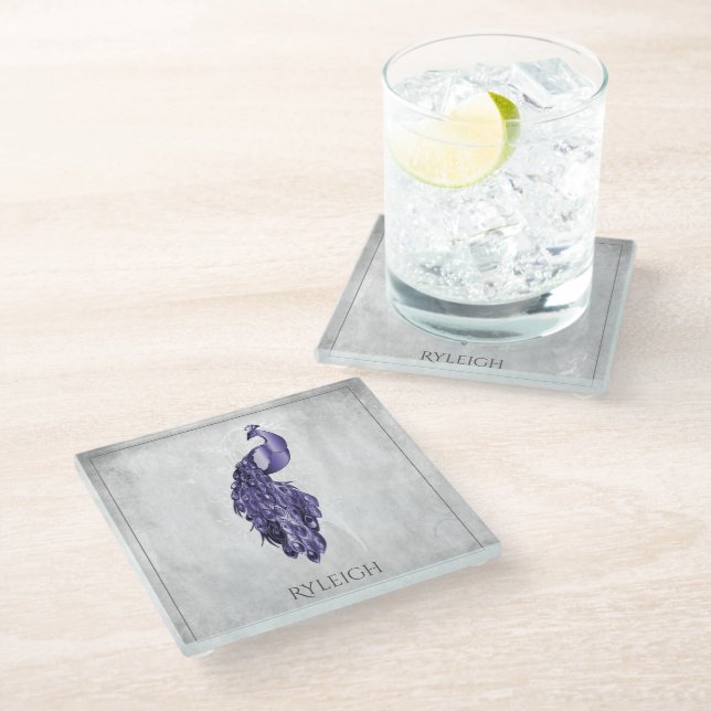 Purple Elegant Peacock Personalized Glass Coaster (Angled)