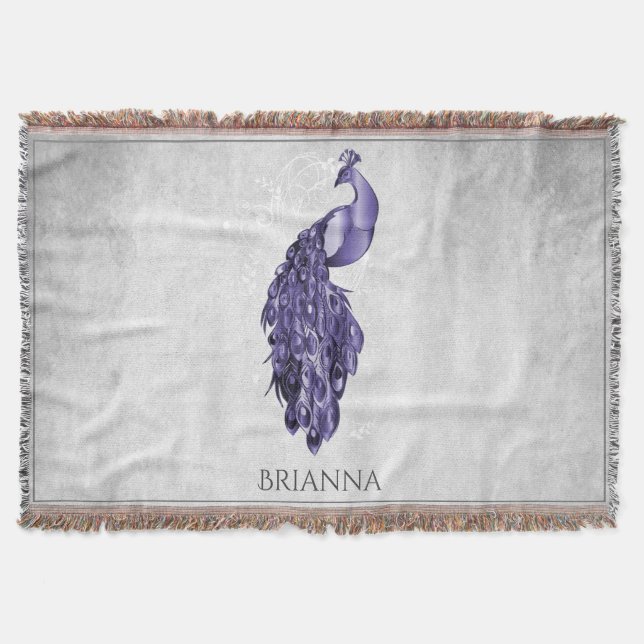 Purple Elegant Peacock Personalized Throw Blanket (Front)