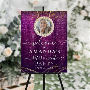 Purple Elegant Photo Retirement Welcome Sign