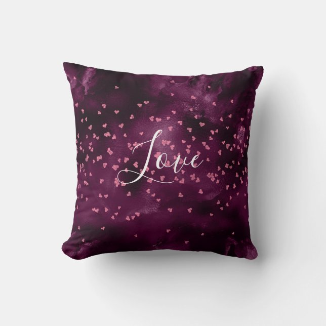 Purple Elegant Pink Hearts White Script Love  Throw Pillow (Front)