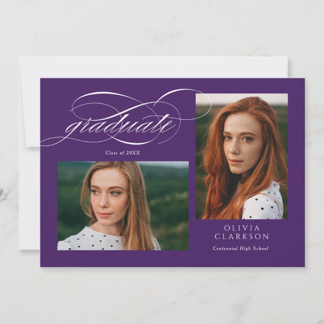 Purple Elegant Script 3 Photo Graduation Party Invitation (Front)
