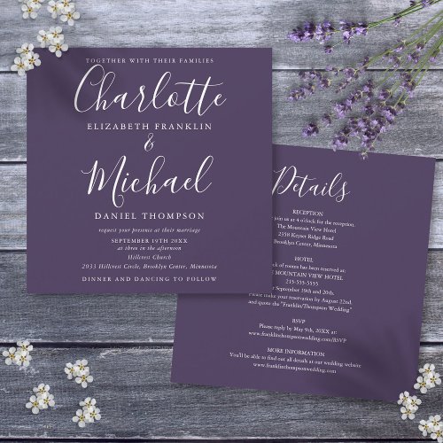 Purple Elegant Script All In One Wedding Invitation