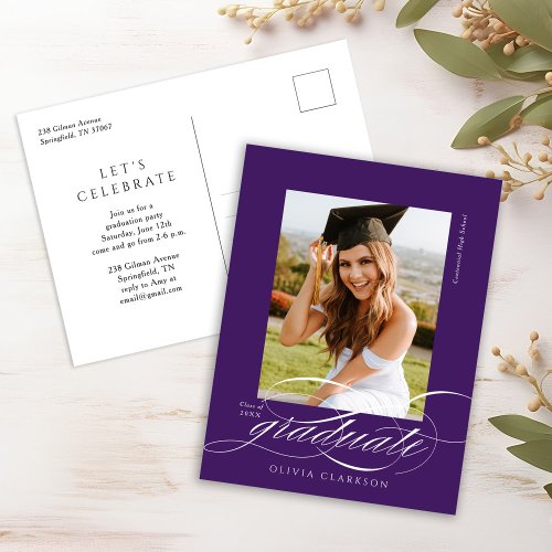 Purple Elegant Script Graduation Party Invitation Postcard