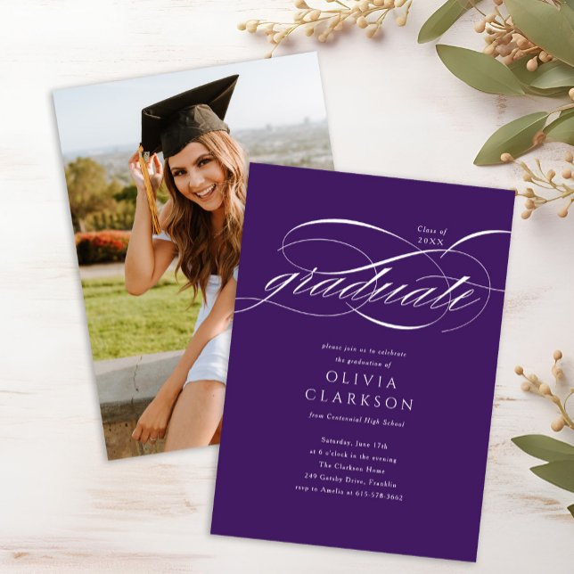 Purple Elegant Script Photo Graduation Party Invitation (Creator Uploaded)