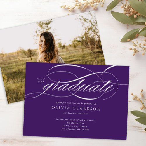 Purple Elegant Script Photo Graduation Party Invitation