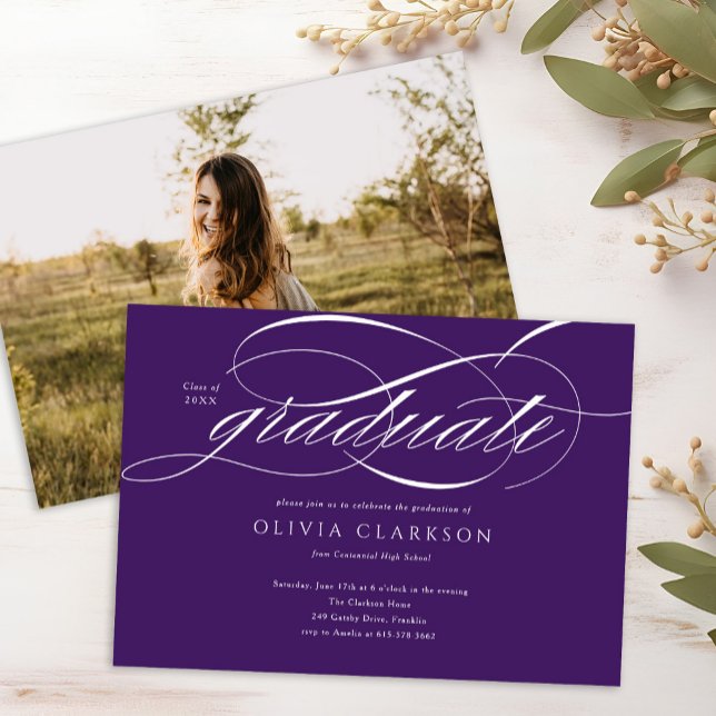 Purple Elegant Script Photo Graduation Party Invitation (Creator Uploaded)