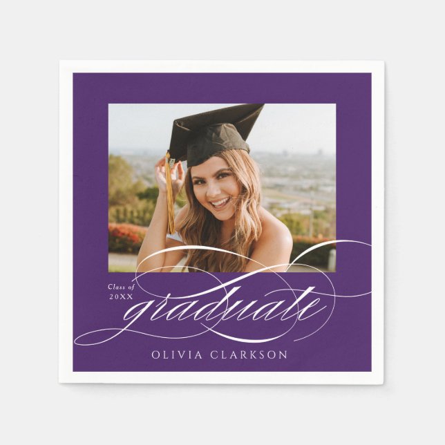 Purple Elegant Script Photo Graduation Party Napkins (Front)