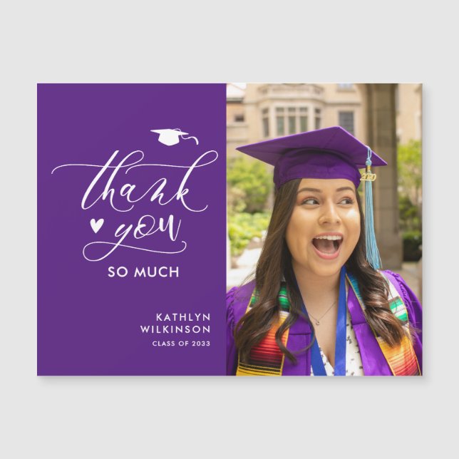 Purple Elegant Script Photo Graduation Thank You (Front)