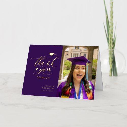 Purple Elegant Script Photo Graduation Thank You Foil Greeting Card