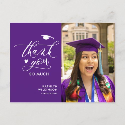 Purple Elegant Script Photo Graduation Thank You Postcard