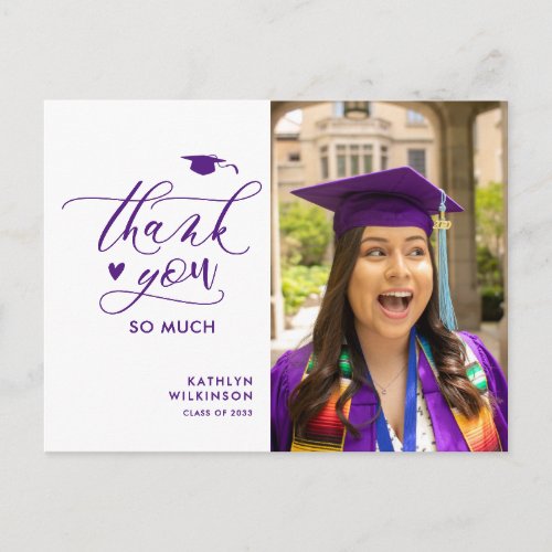 Purple Elegant Script Photo Graduation Thank You Postcard