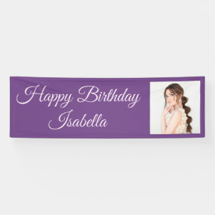 Purple Elegant Script Photo Happy Birthday  Banner