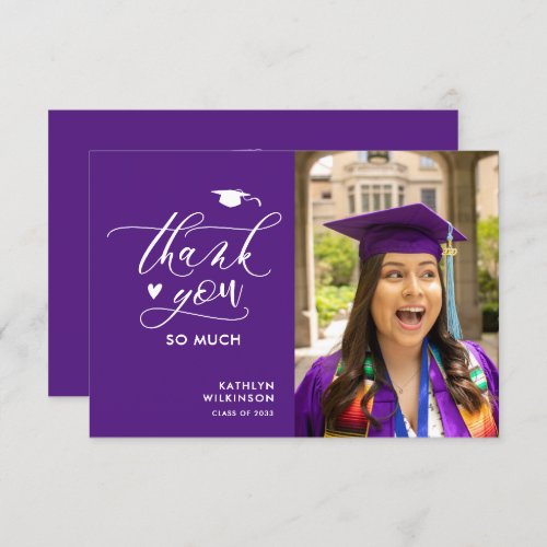 Purple Elegant Script Photo Minimalist Graduation  Thank You Card