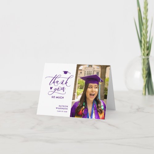 Purple Elegant Script Photo Minimalist Graduation Thank You Card