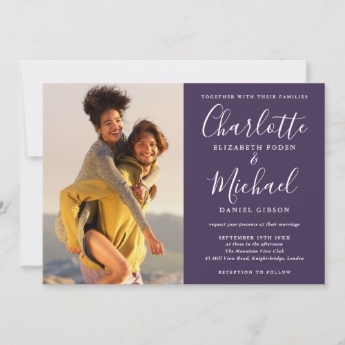 Purple Elegant Script Photo Wedding All In One Invitation