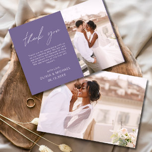 Purple Elegant Script Photo Wedding Thank You Card
