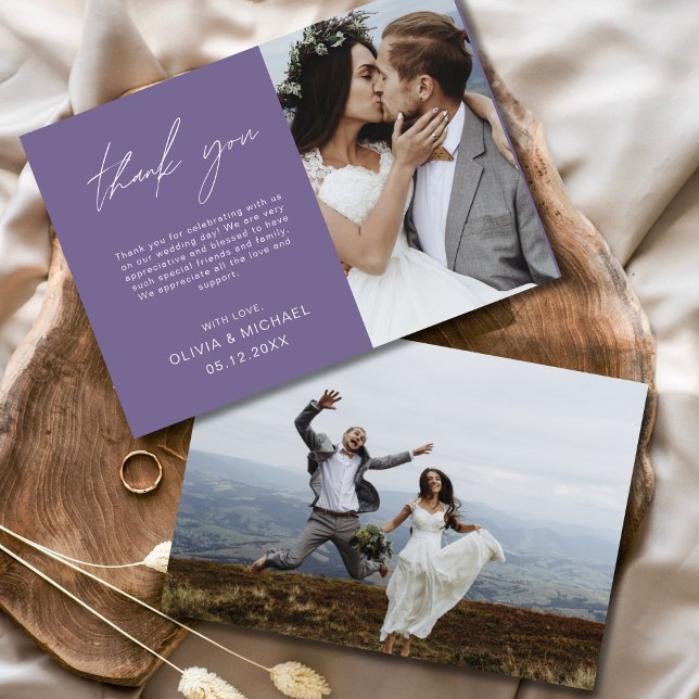 Purple Elegant Script Photo Wedding Thank You Card (Creator Uploaded)