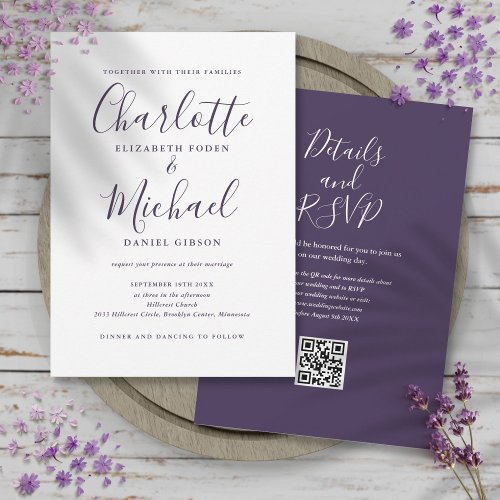 Purple Elegant Script QR Code Wedding Invitation