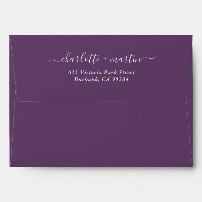 Purple Elegant Script Return Address Wedding Envelope (Back (Top Flap))