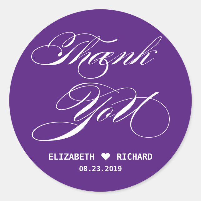 Purple Elegant Script Thank You Wedding Favor Classic Round Sticker (Front)