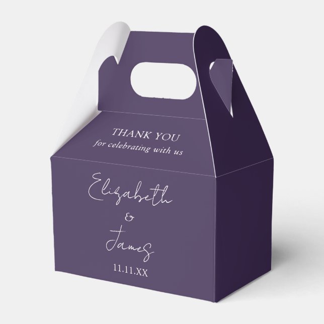 Purple Elegant Script Wedding Thank You Favor Boxes (Front Side)